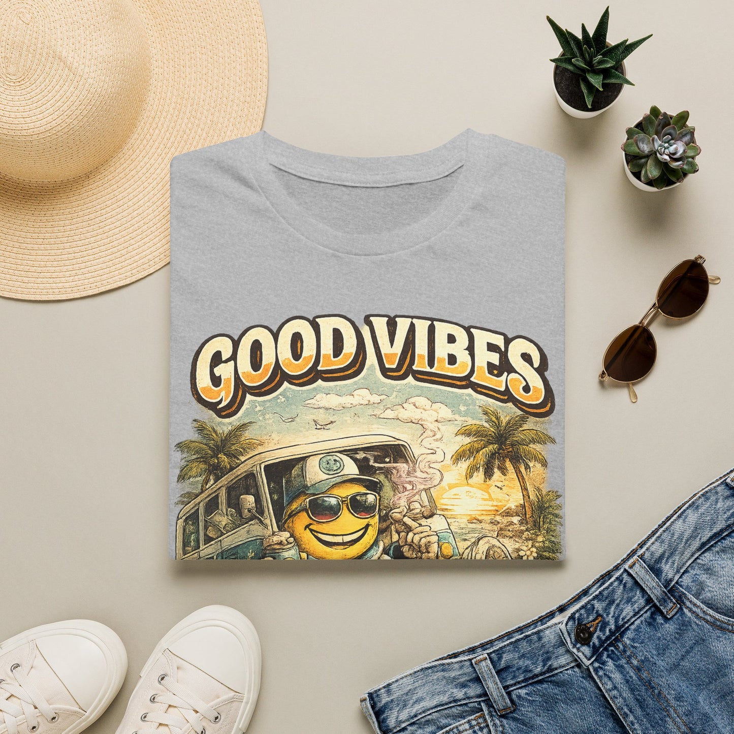 Good Vibes T-Shirt — Retro Beach Surf Smiley Graphic