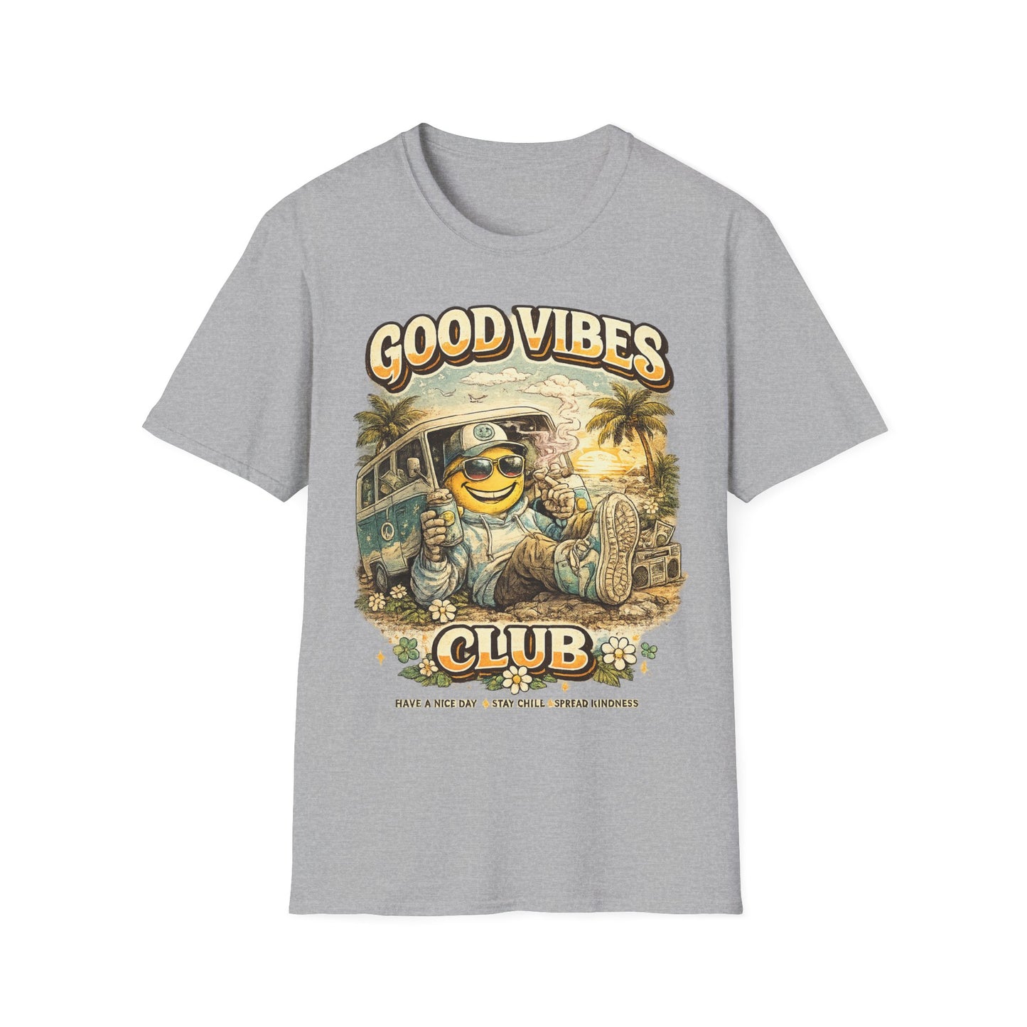 Good Vibes T-Shirt — Retro Beach Surf Smiley Graphic