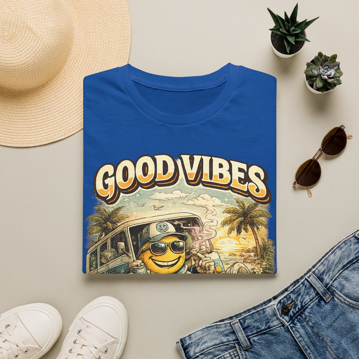 Good Vibes T-Shirt — Retro Beach Surf Smiley Graphic