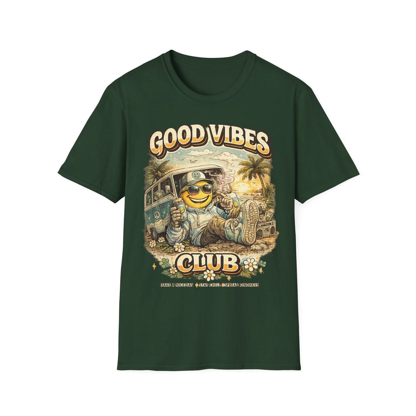 Good Vibes T-Shirt — Retro Beach Surf Smiley Graphic