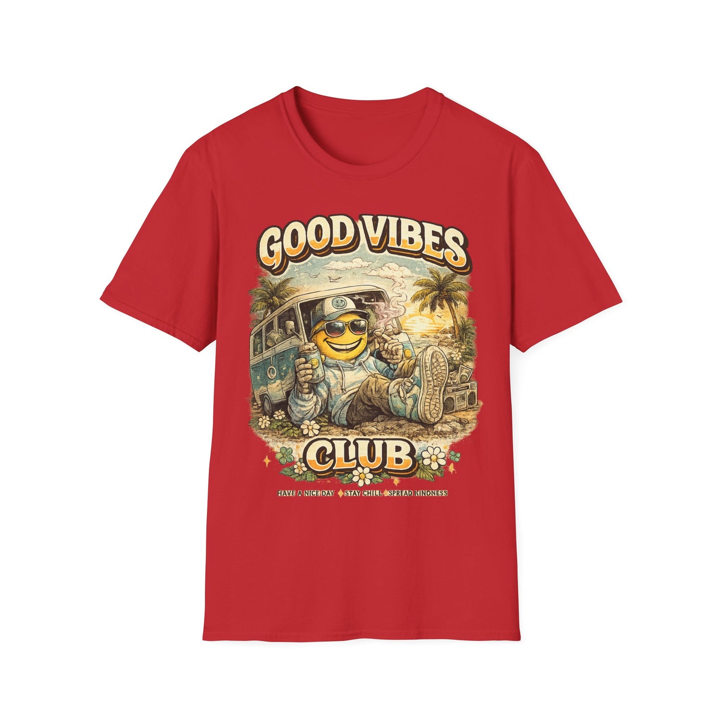 Good Vibes T-Shirt — Retro Beach Surf Smiley Graphic