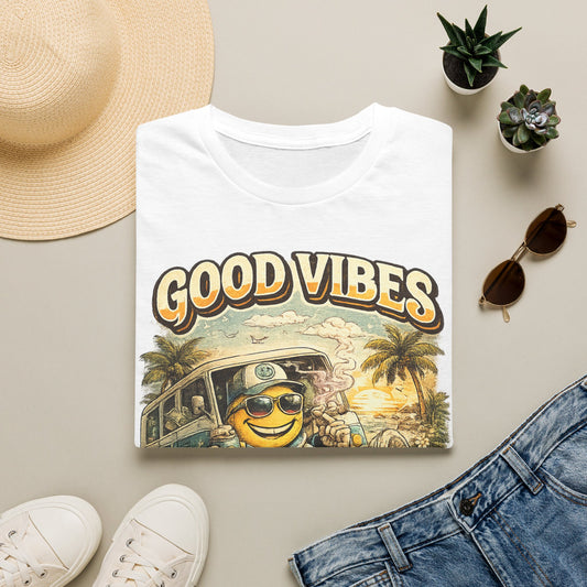 Good Vibes T-Shirt — Retro Beach Surf Smiley Graphic