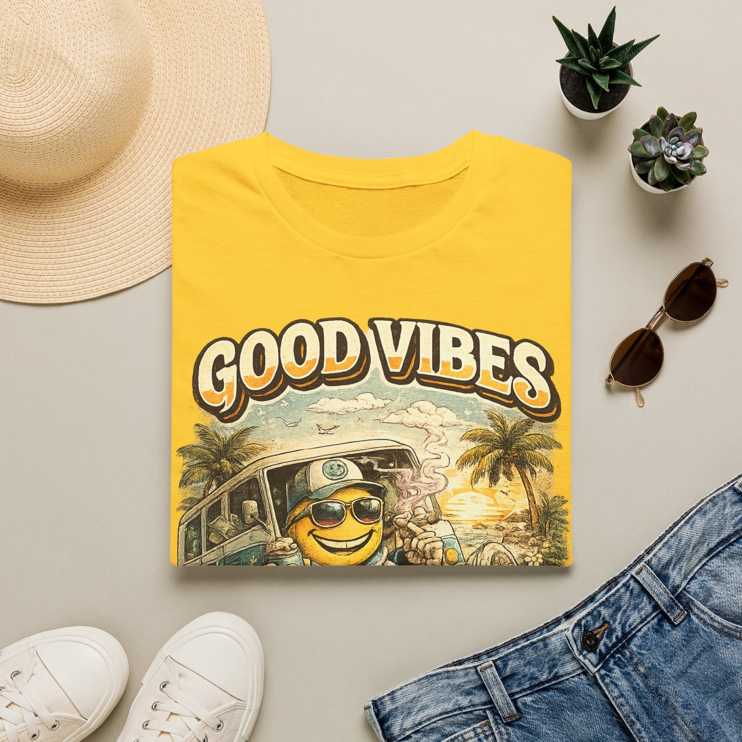 Good Vibes T-Shirt — Retro Beach Surf Smiley Graphic