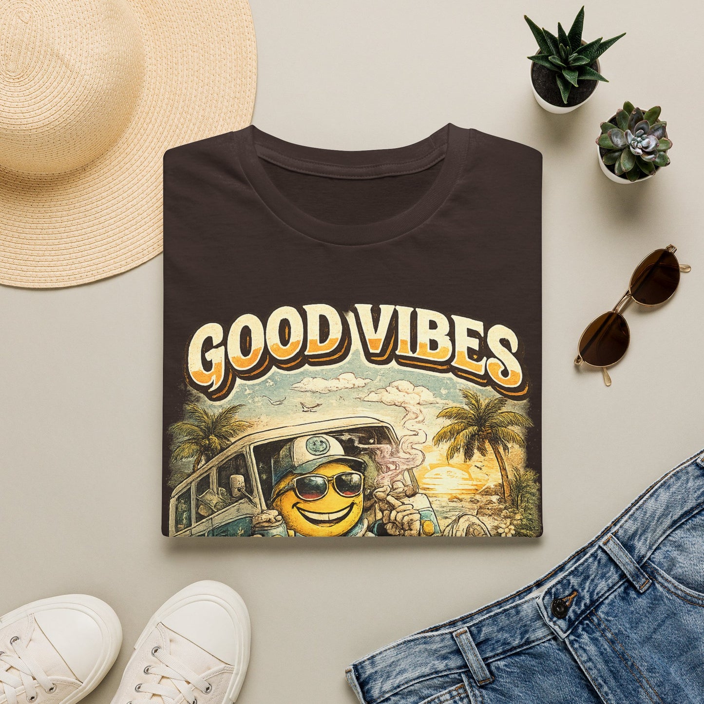 Good Vibes T-Shirt — Retro Beach Surf Smiley Graphic