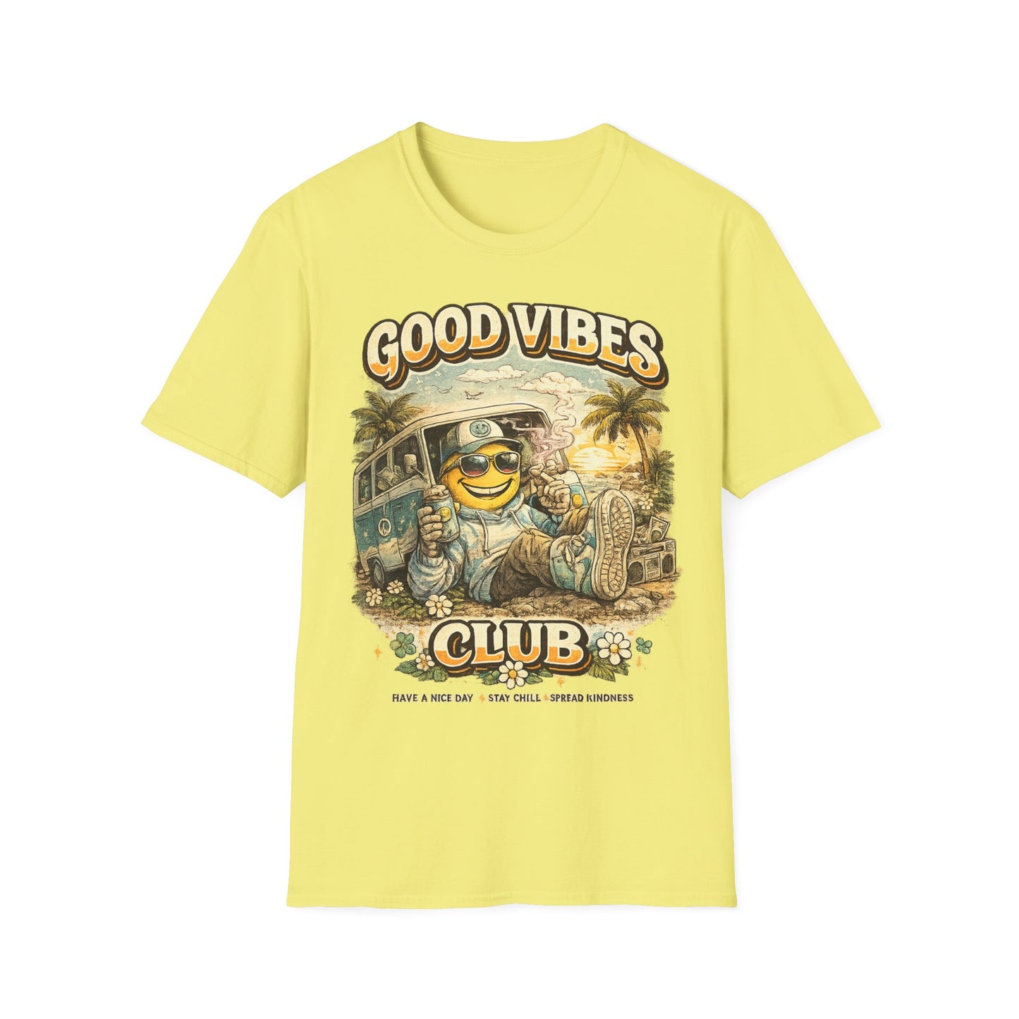 Good Vibes T-Shirt — Retro Beach Surf Smiley Graphic