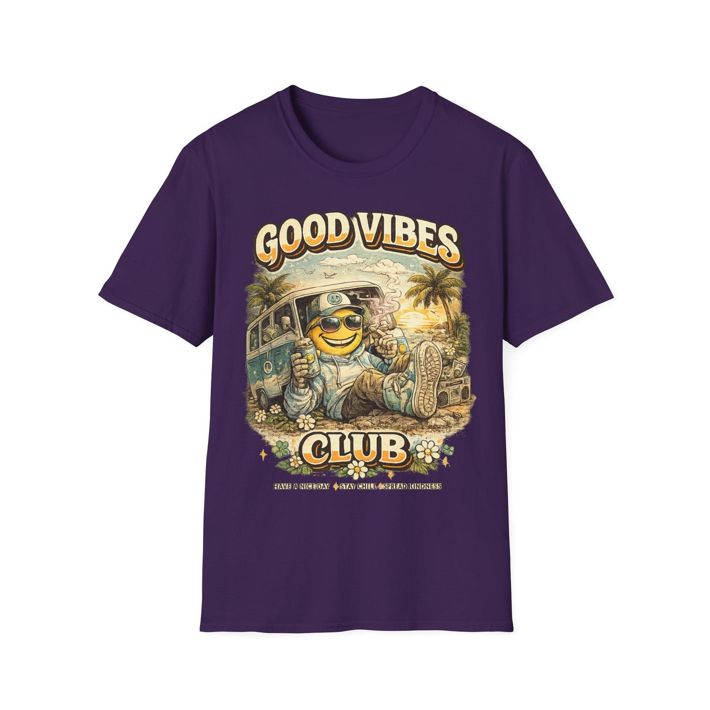 Good Vibes T-Shirt — Retro Beach Surf Smiley Graphic