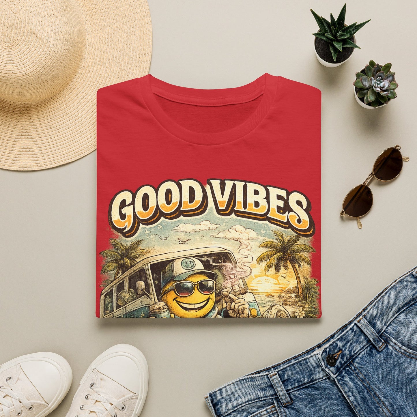 Good Vibes T-Shirt — Retro Beach Surf Smiley Graphic