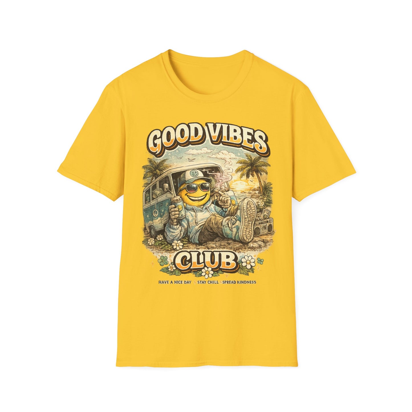Good Vibes T-Shirt — Retro Beach Surf Smiley Graphic