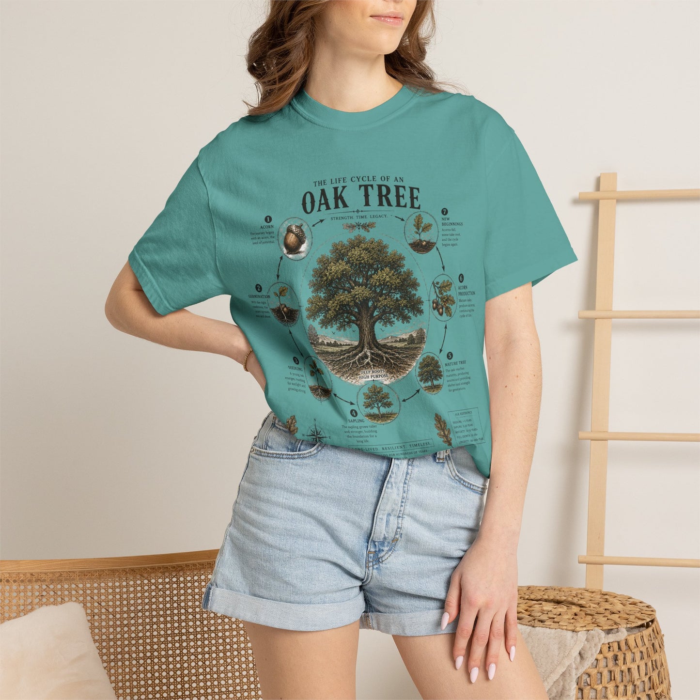 Oak Tree Anatomy T-Shirt — Botanical Illustration & Life Cycle Diagram