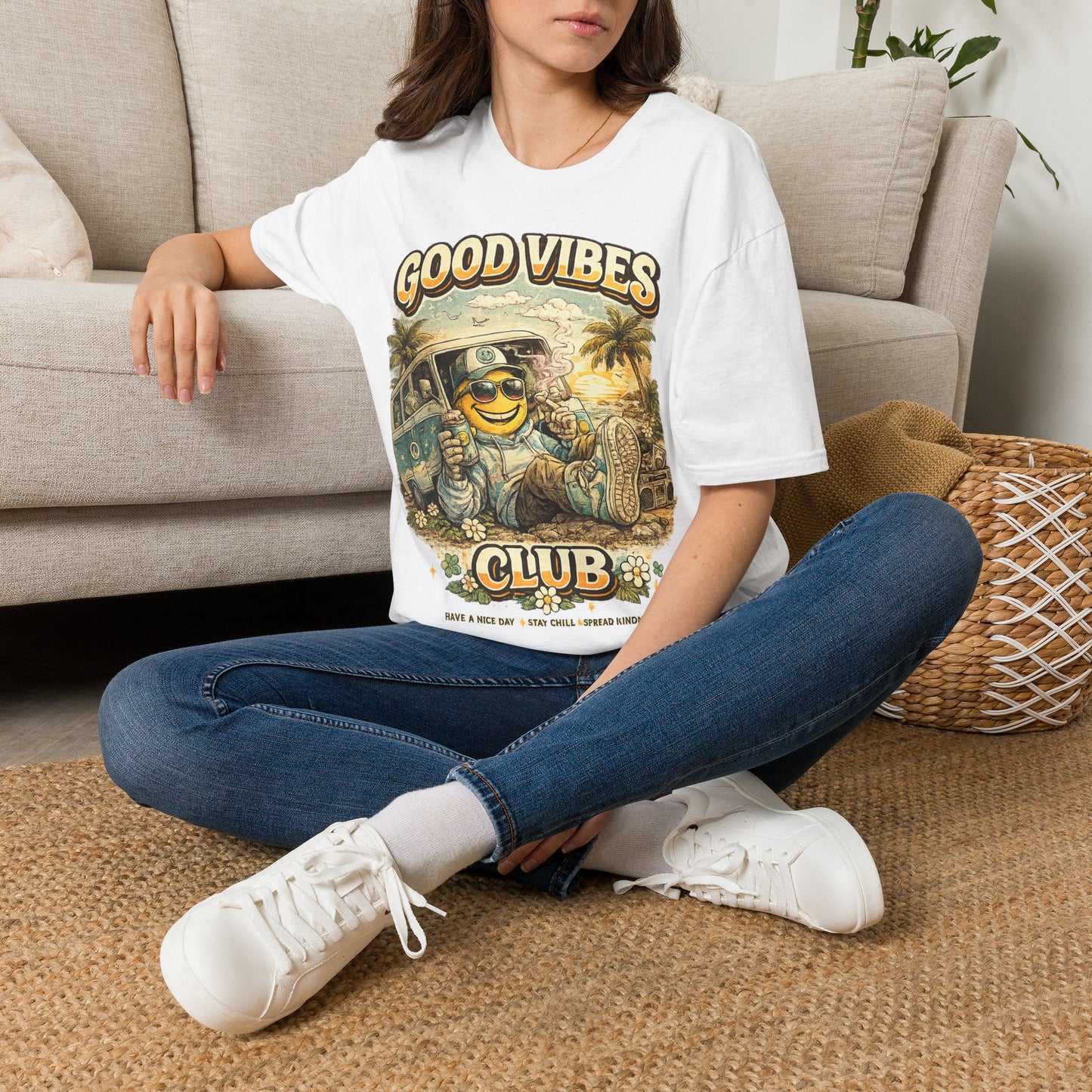 Good Vibes T-Shirt — Retro Beach Surf Smiley Graphic