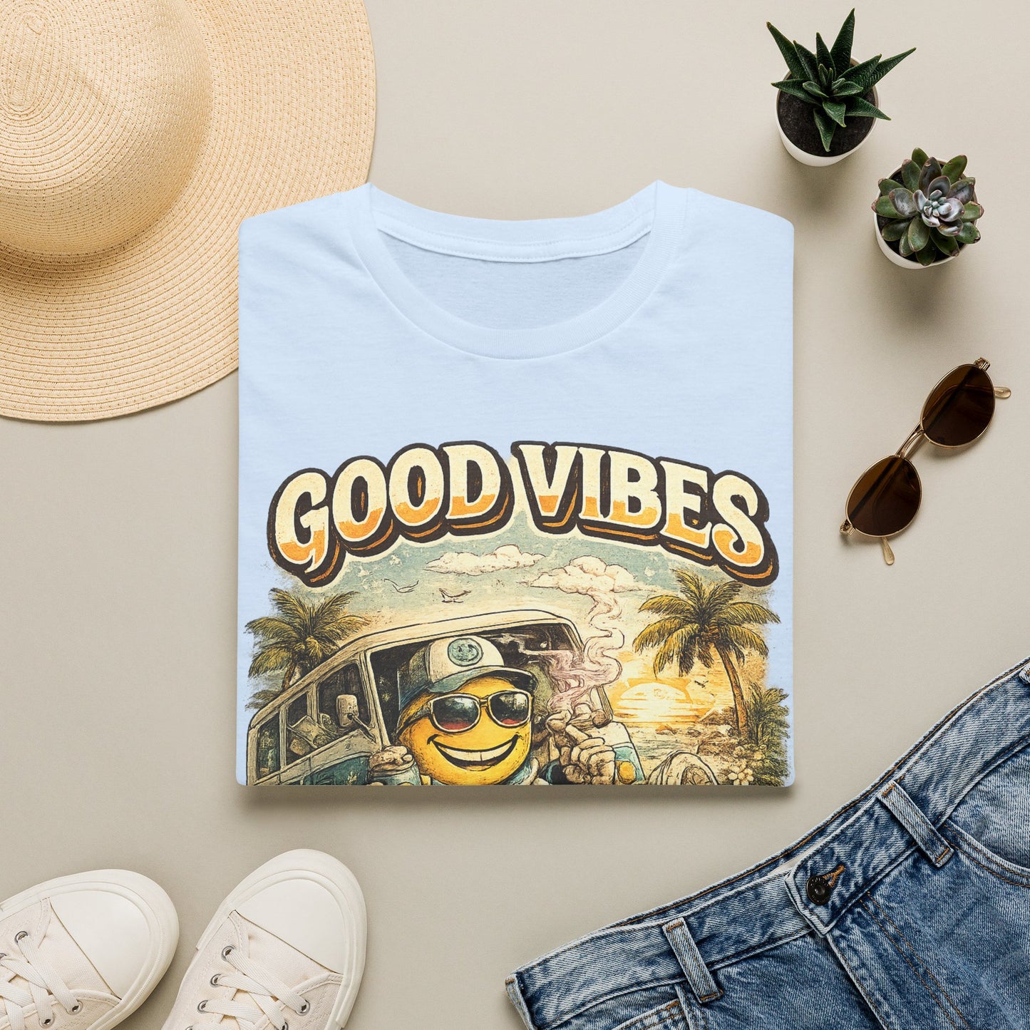 Good Vibes T-Shirt — Retro Beach Surf Smiley Graphic