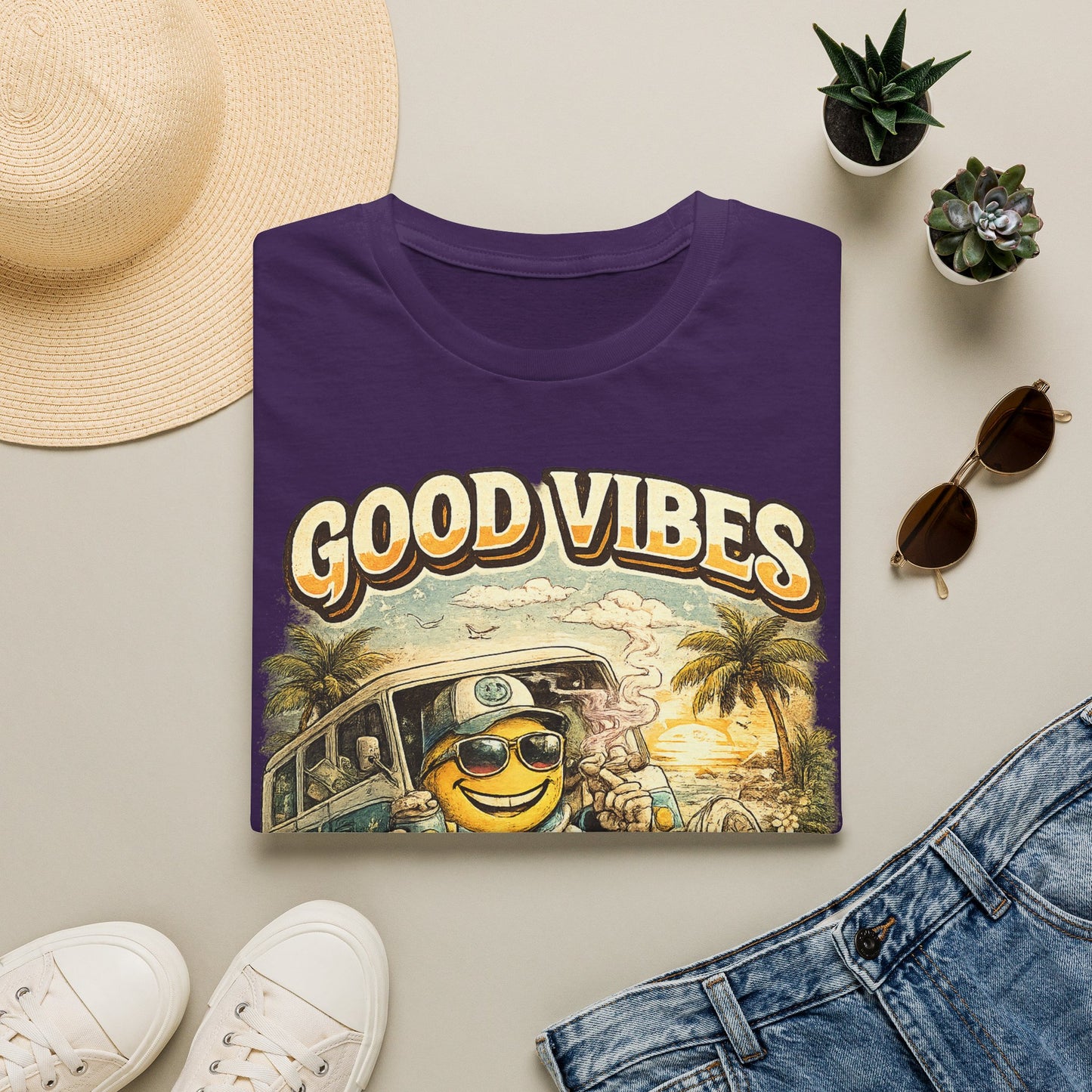 Good Vibes T-Shirt — Retro Beach Surf Smiley Graphic