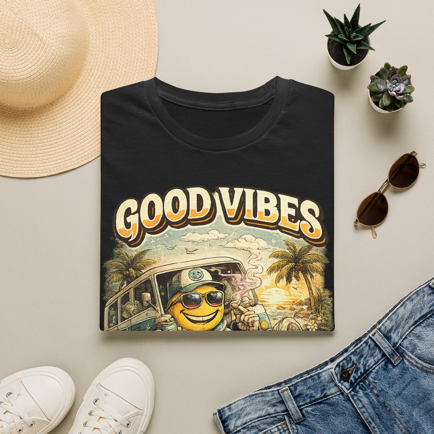 Good Vibes T-Shirt — Retro Beach Surf Smiley Graphic