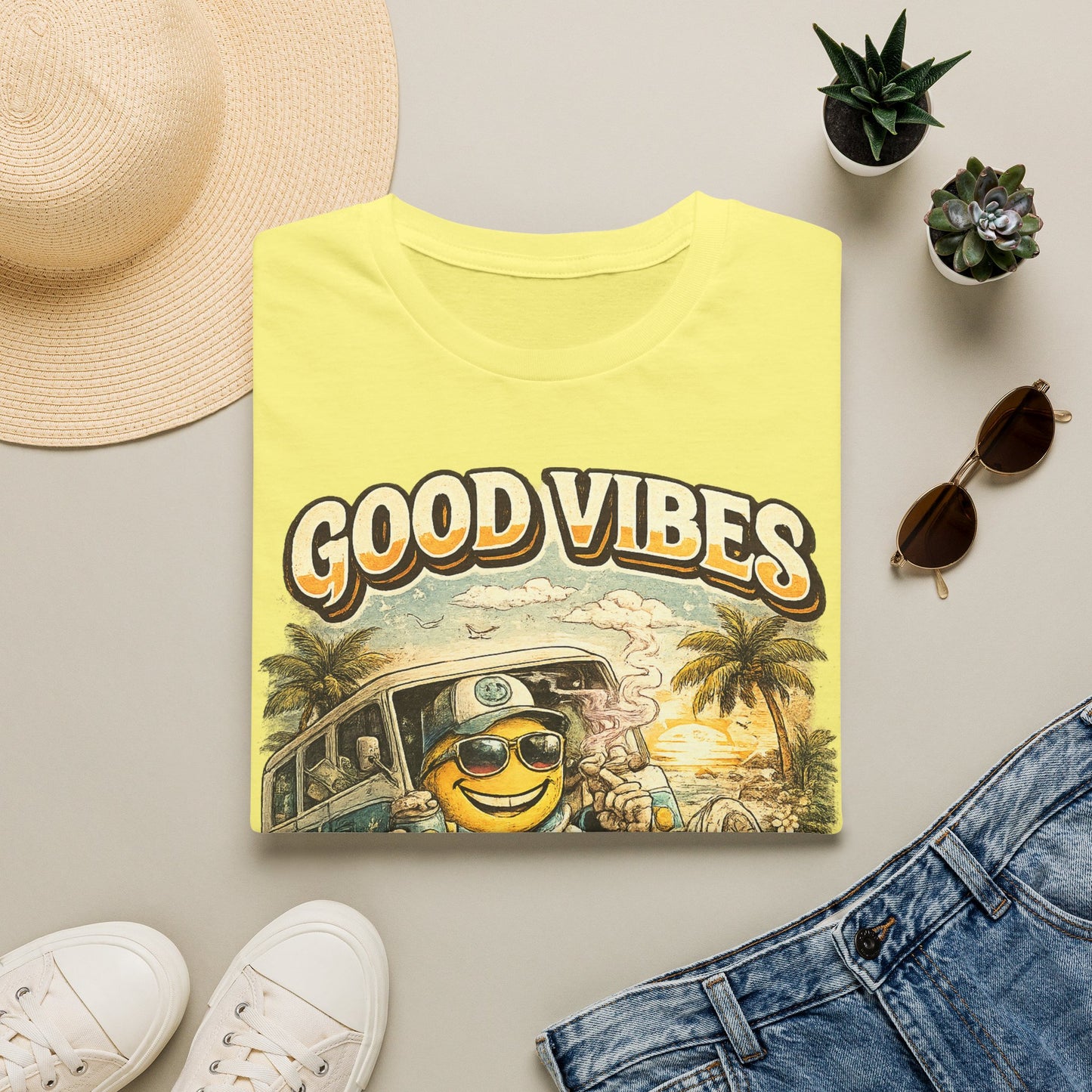 Good Vibes T-Shirt — Retro Beach Surf Smiley Graphic