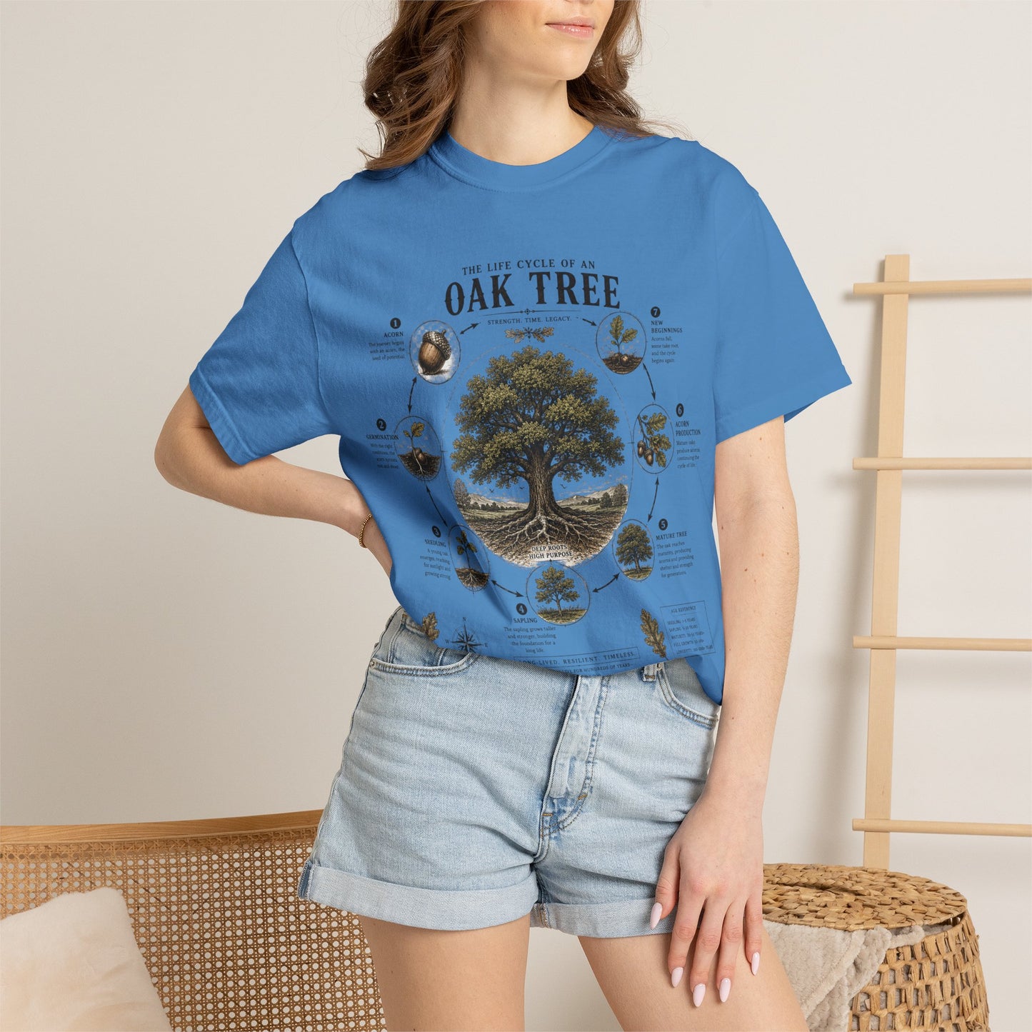 Oak Tree Anatomy T-Shirt — Botanical Illustration & Life Cycle Diagram