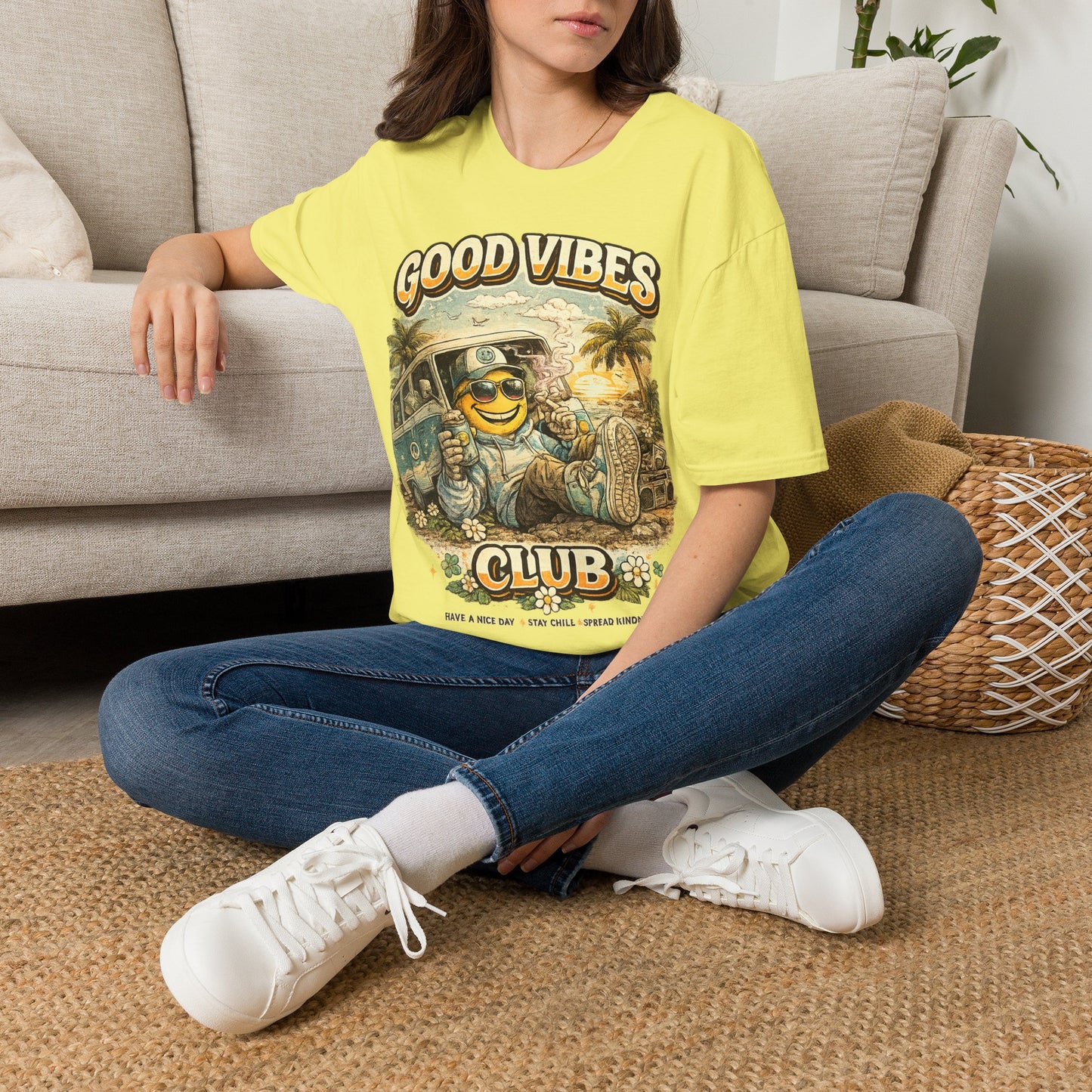 Good Vibes T-Shirt — Retro Beach Surf Smiley Graphic