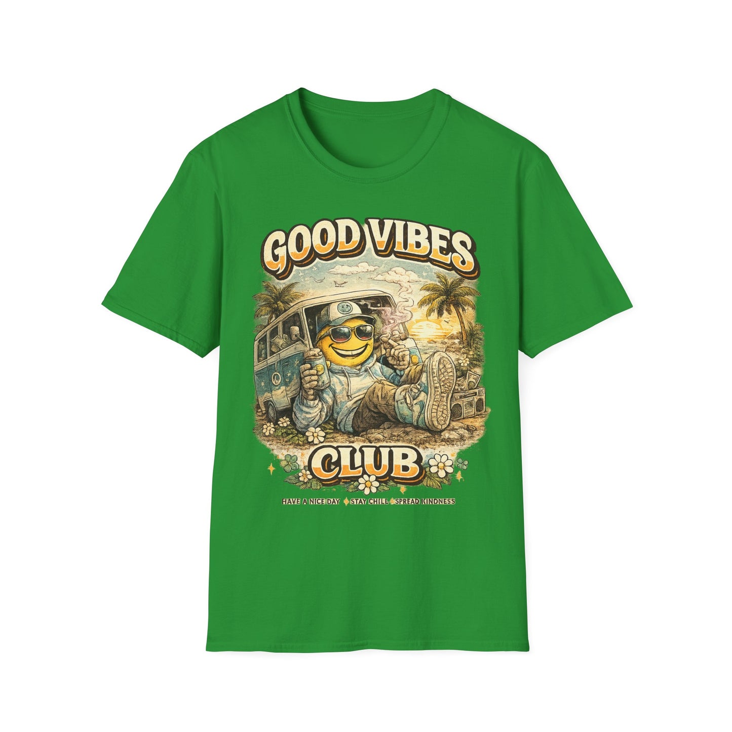 Good Vibes T-Shirt — Retro Beach Surf Smiley Graphic