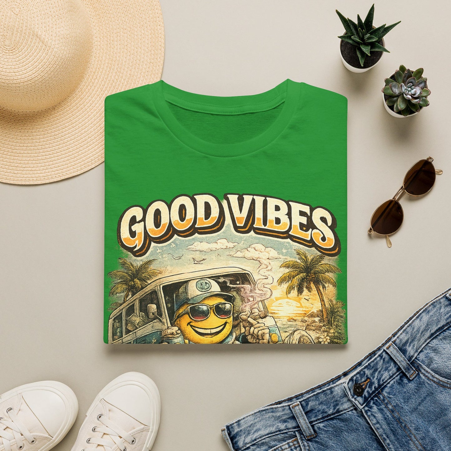 Good Vibes T-Shirt — Retro Beach Surf Smiley Graphic