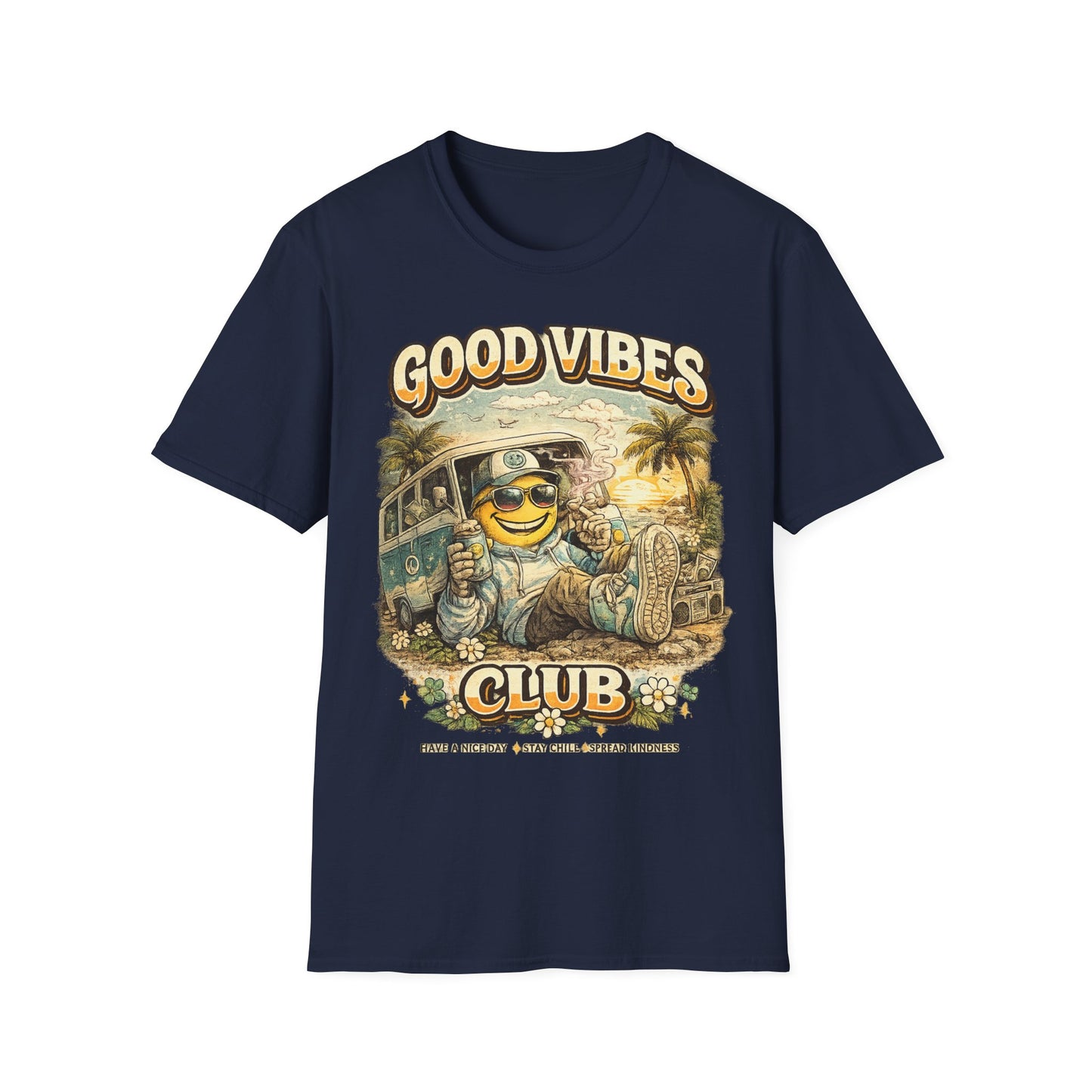 Good Vibes T-Shirt — Retro Beach Surf Smiley Graphic