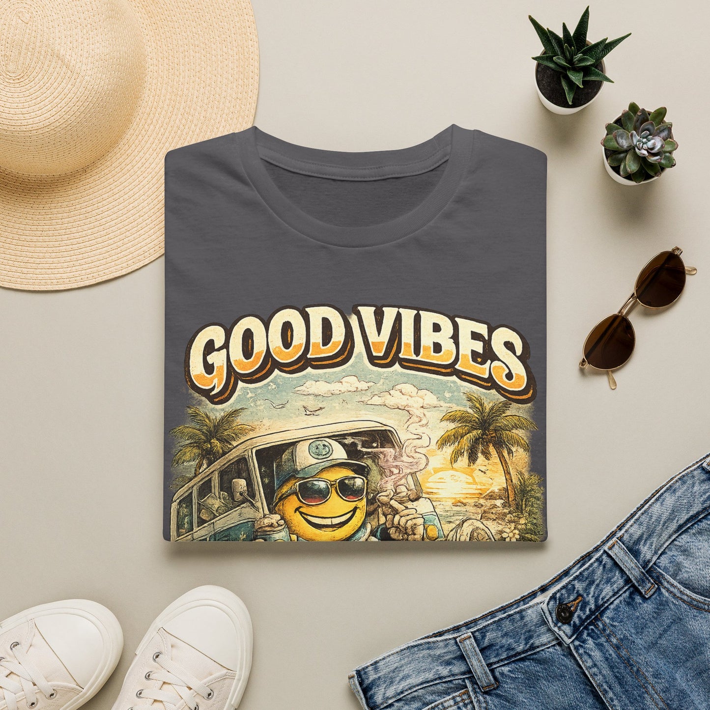 Good Vibes T-Shirt — Retro Beach Surf Smiley Graphic