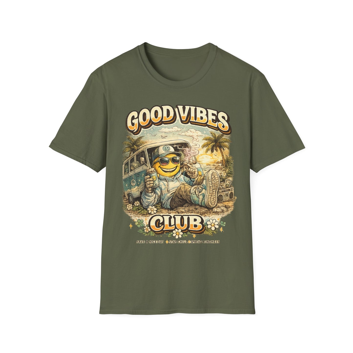 Good Vibes T-Shirt — Retro Beach Surf Smiley Graphic