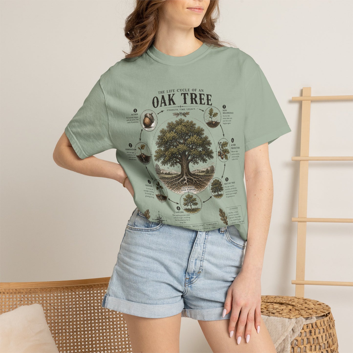 Oak Tree Anatomy T-Shirt — Botanical Illustration & Life Cycle Diagram