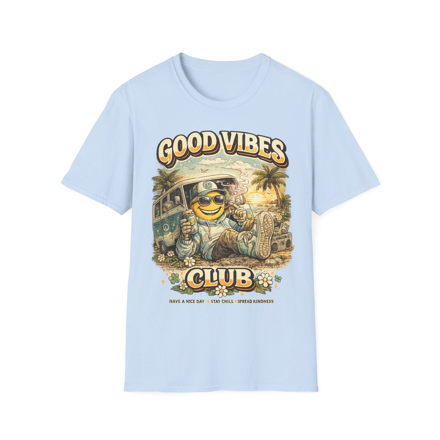 Good Vibes T-Shirt — Retro Beach Surf Smiley Graphic