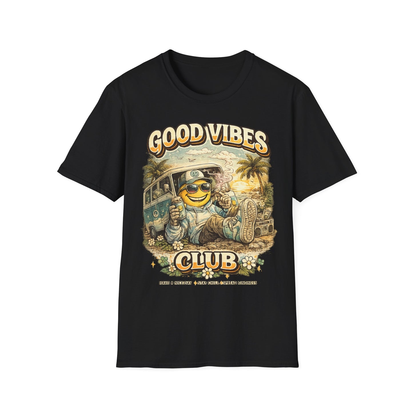 Good Vibes T-Shirt — Retro Beach Surf Smiley Graphic