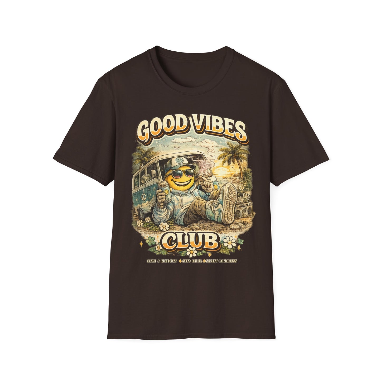 Good Vibes T-Shirt — Retro Beach Surf Smiley Graphic