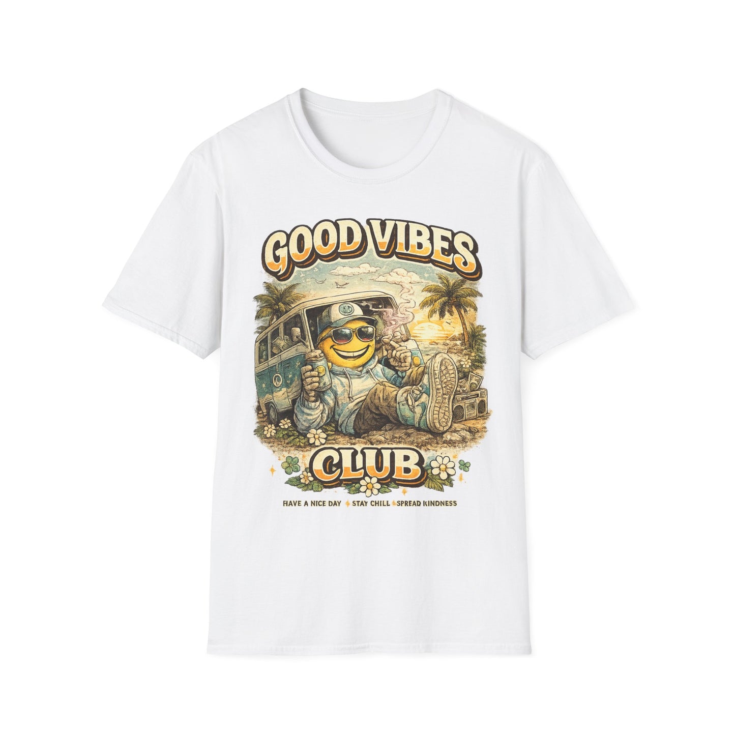 Good Vibes T-Shirt — Retro Beach Surf Smiley Graphic