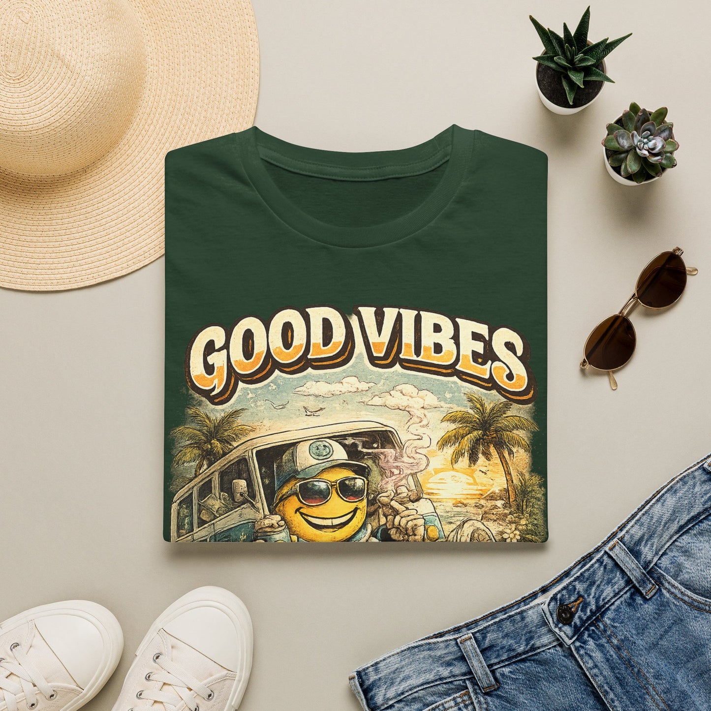 Good Vibes T-Shirt — Retro Beach Surf Smiley Graphic