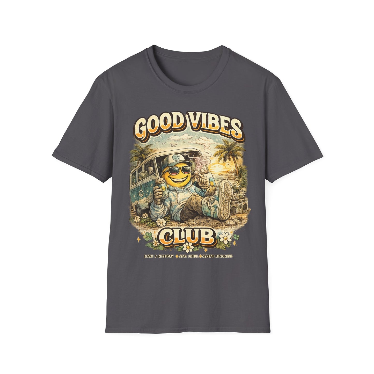 Good Vibes T-Shirt — Retro Beach Surf Smiley Graphic